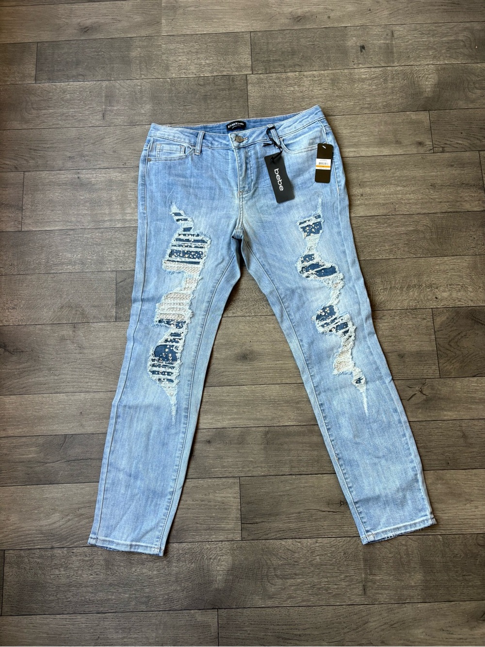 bebe Light Blue Skinny Jeans with Distressed Patchwork